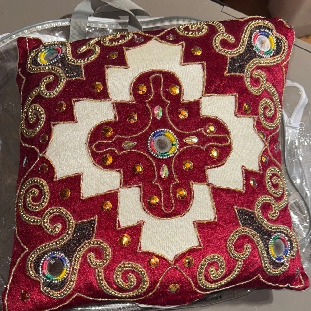 Elegant Red and White Embroidered Cushion